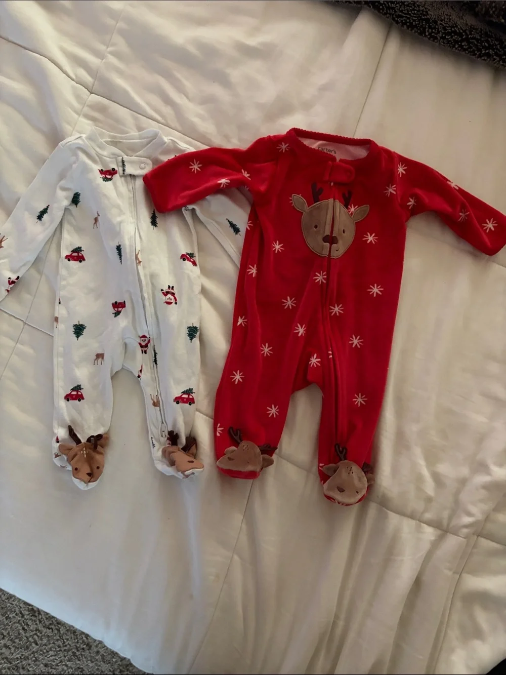 Carter's Red Reindeer Fleece Footie & White Holiday Print One-Piece Set 3 months